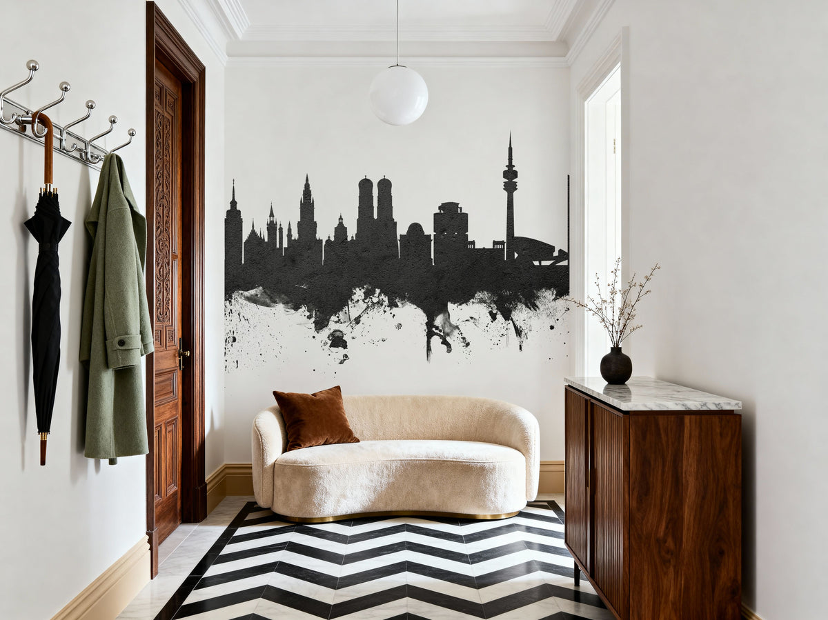 Munich Skyline Black & White Mural Wallpaper - room preview 02