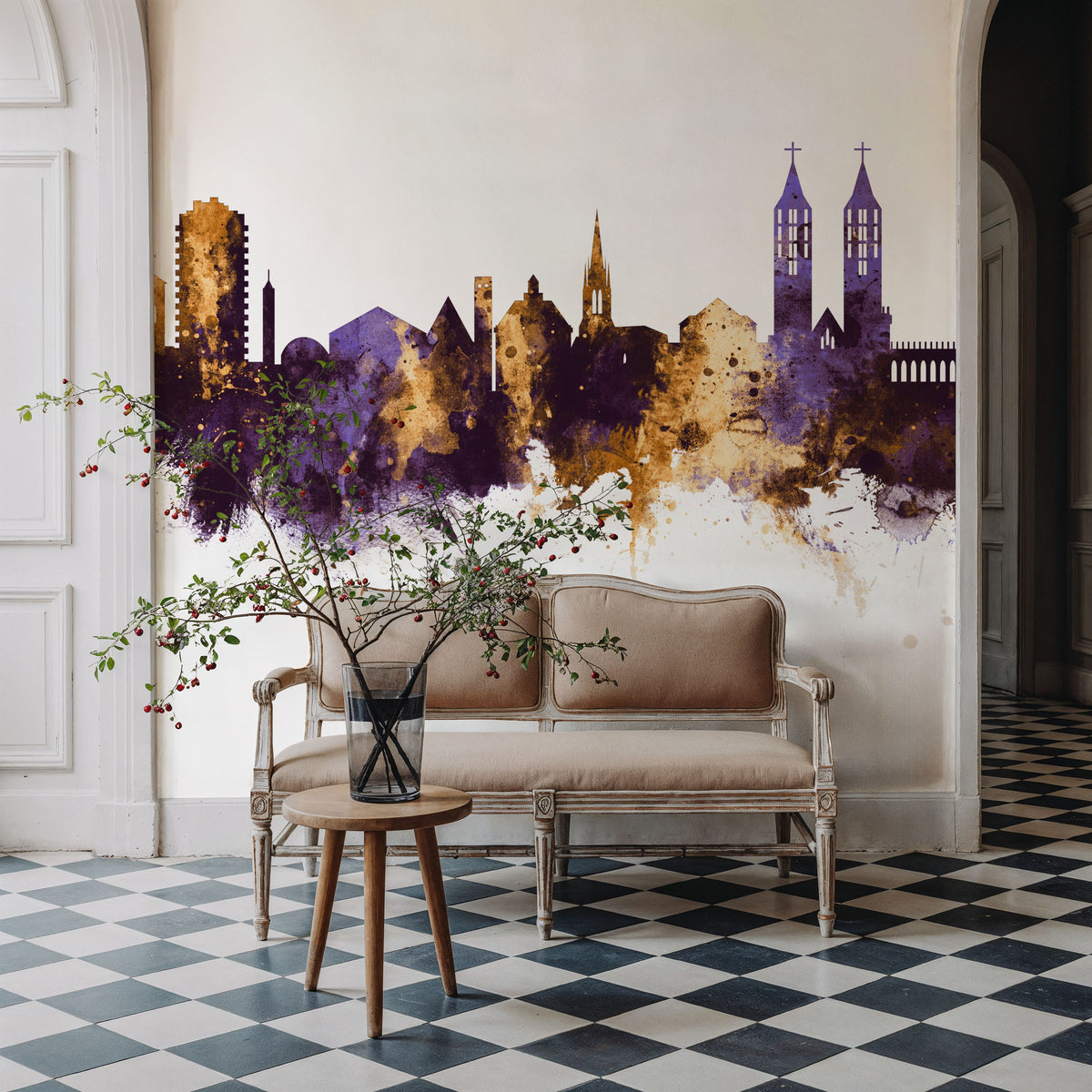 Kassel Germany Skyline Purple & Gold Mural Wallpaper - room preview 02