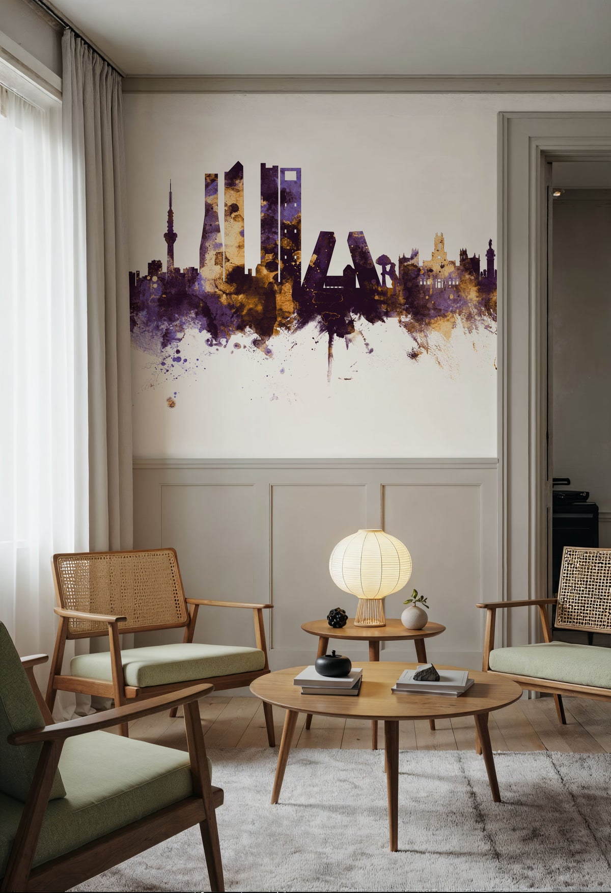 Madrid Skyline Purple & Gold Mural Wallpaper - room preview 02