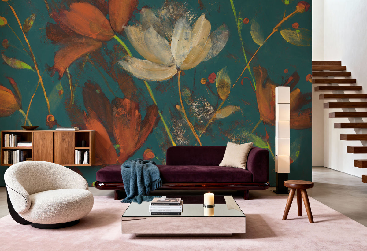 Moonlight Garden I Spice on Teal Mural Wallpaper - room preview 02