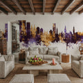 The Hauge Netherlands Skyline Purple & Gold Mural Wallpaper - room preview 02