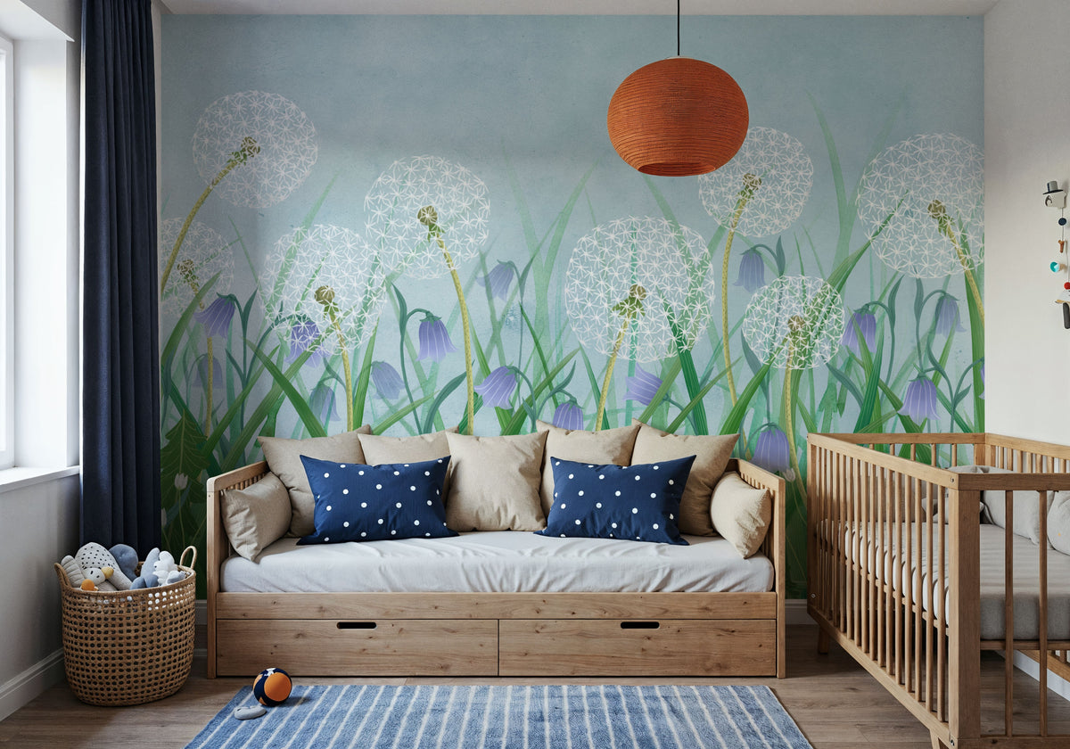 Dandelion Meadow, Blue Mural Wallpaper - room preview 02