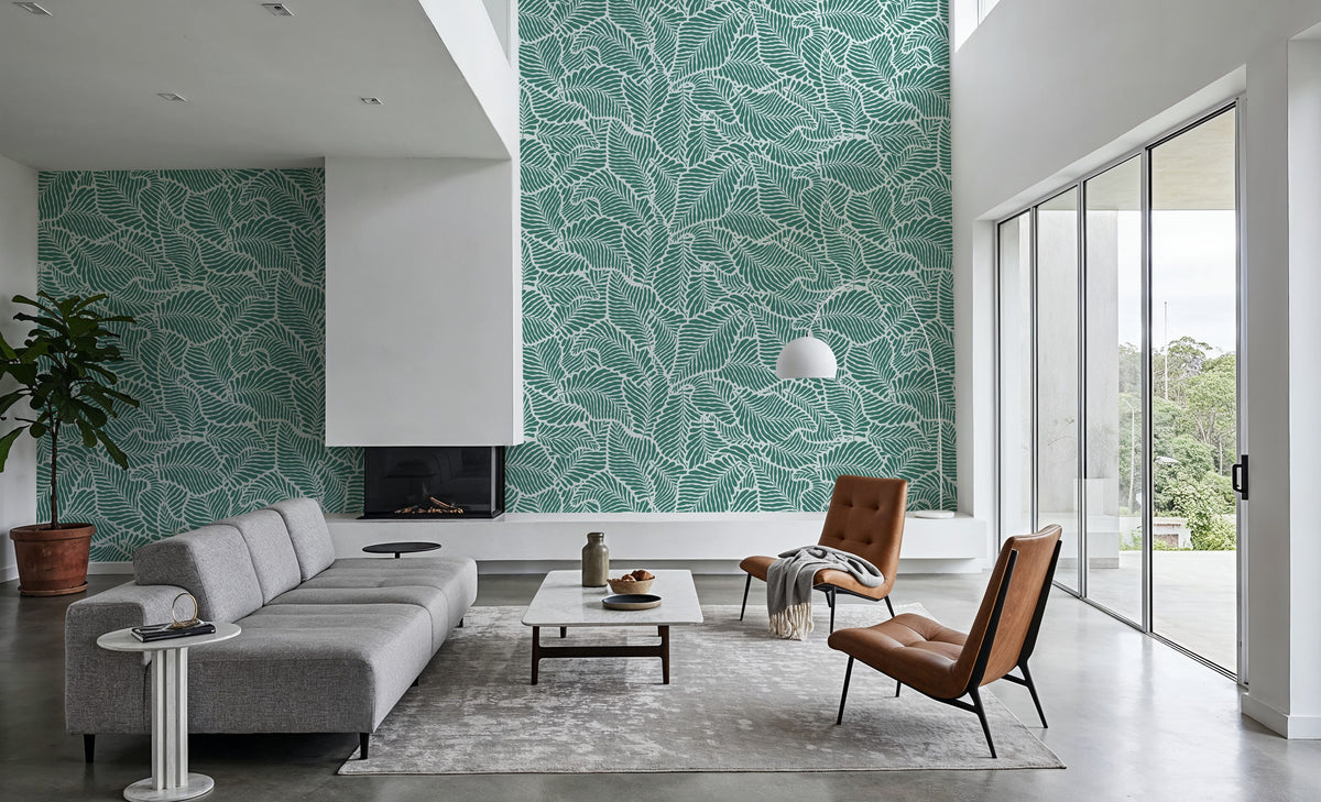 Fern Cut-Outs Pattern, Fresh Evergreen Mural Wallpaper - room preview 02