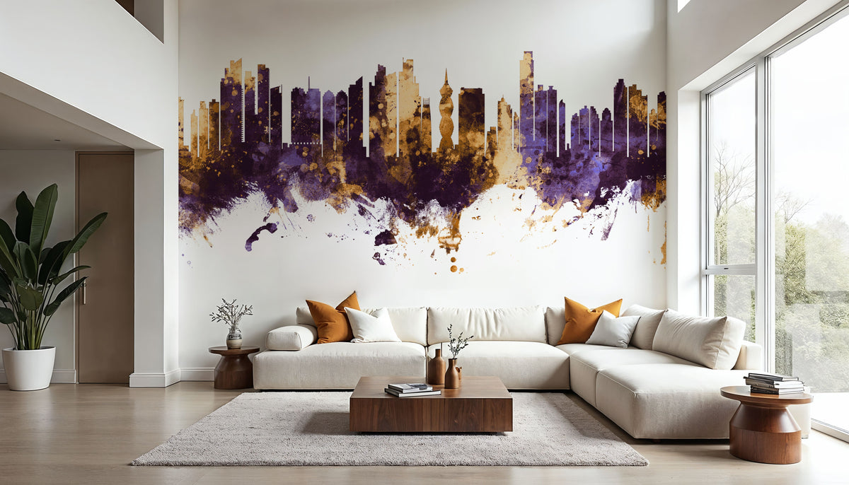 Panama City Skyline Purple & Gold Mural Wallpaper - room preview 02