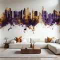 Panama City Skyline Purple & Gold Mural Wallpaper - room preview 02