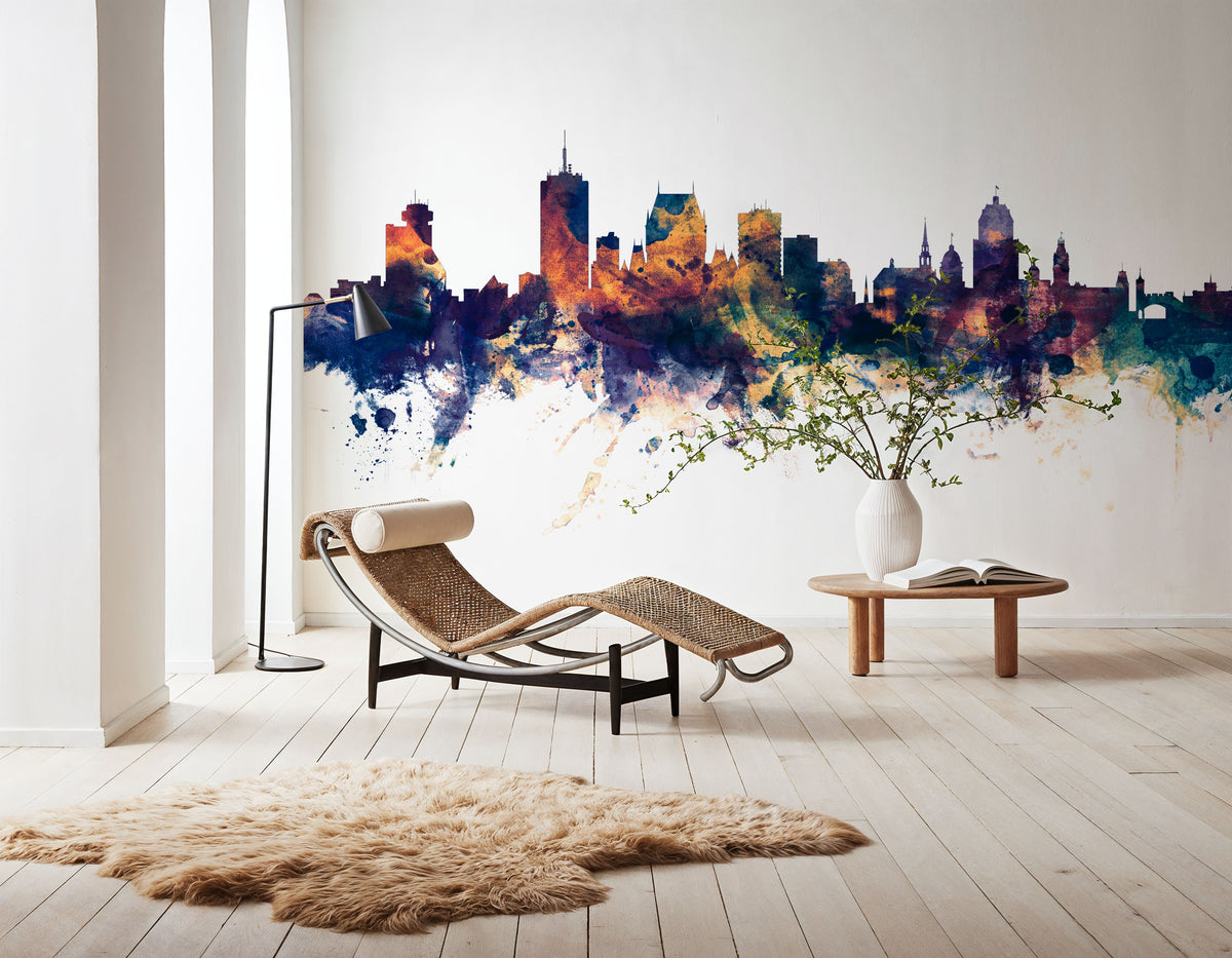 Quebec Canada Skyline Blue & Bronze Mural Wallpaper - room preview 02