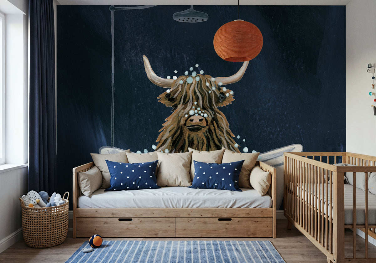Highland Cow in Tub Texture Light Mural Wallpaper - room preview 02