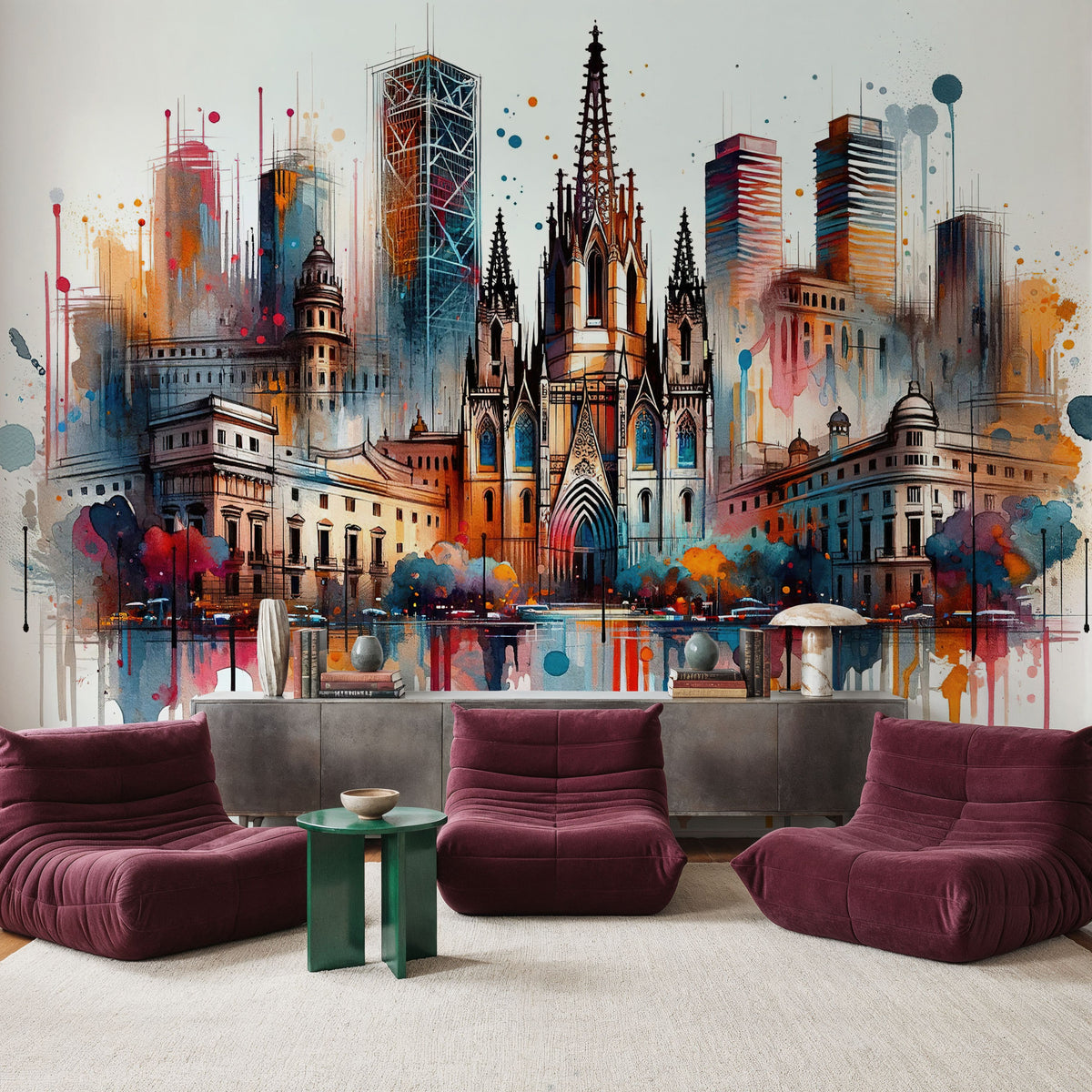 Watercolor Skyline Barcelona II Mural Wallpaper - room preview 02