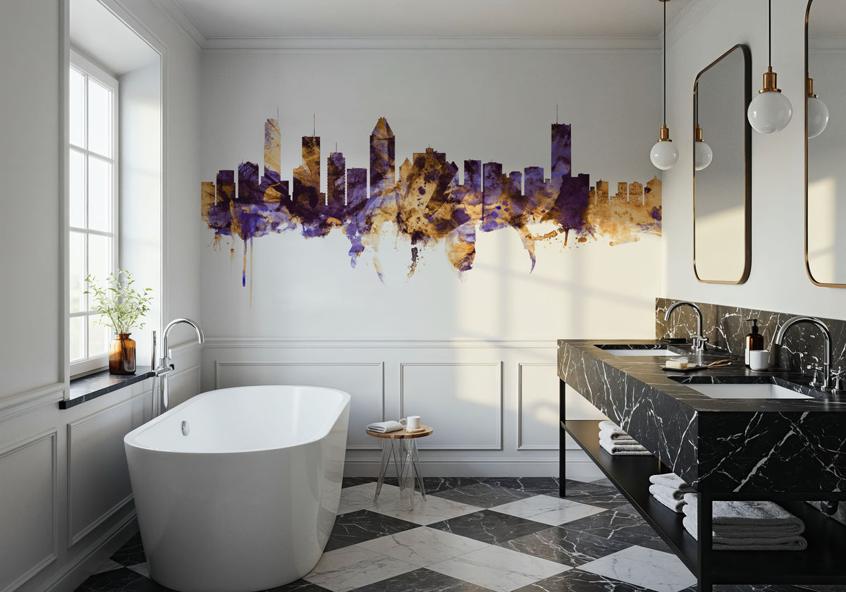 Montreal Canada Skyline Purple & Gold Mural Wallpaper - room preview 02
