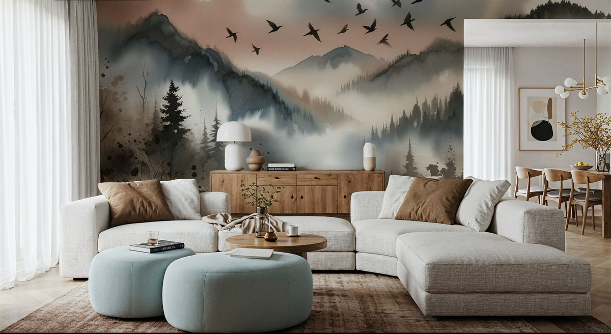 Mystic Mountains Veiled in Morning Mist Mural Wallpaper - room preview 02