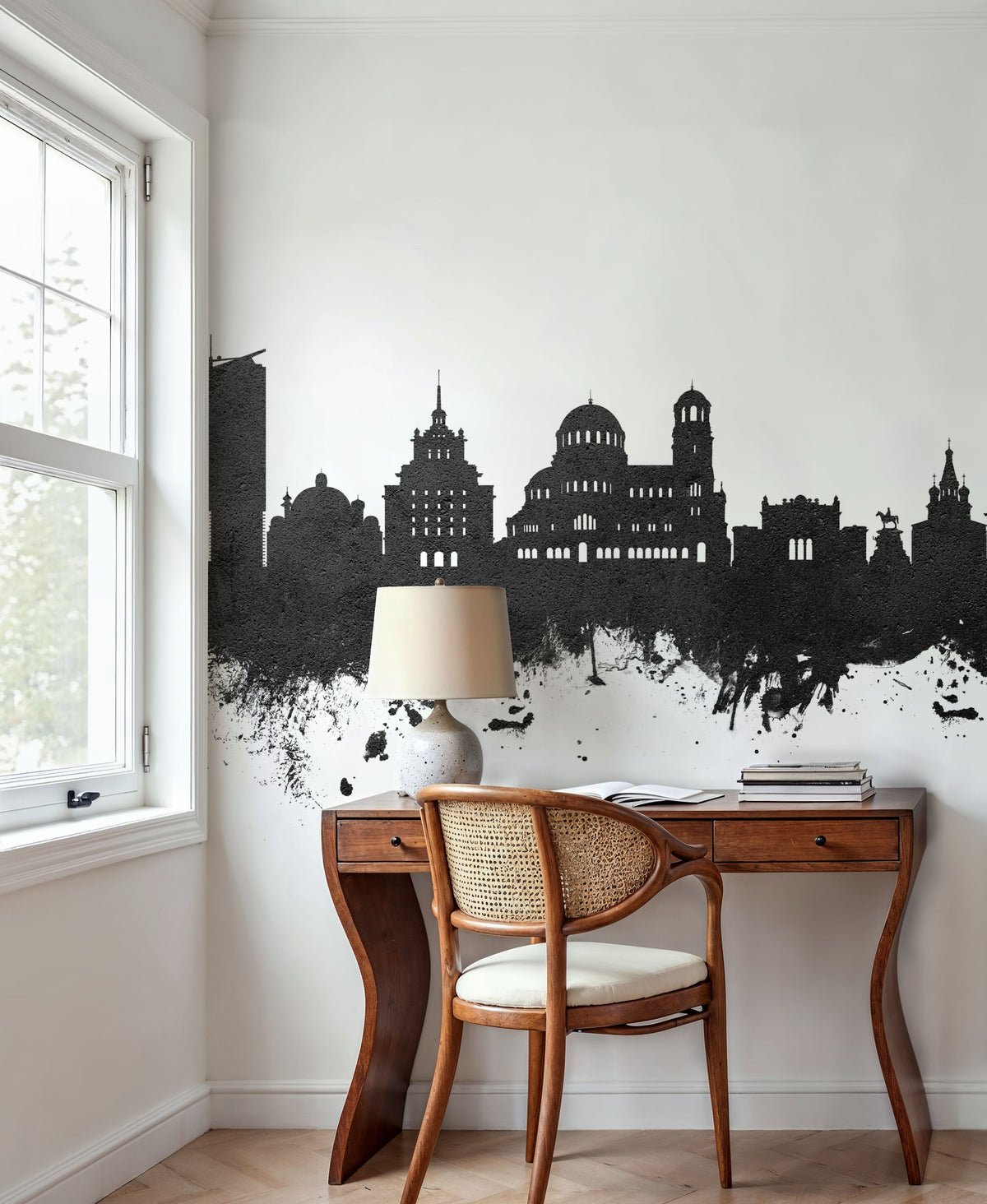 Sofia Bulgaria Skyline Black & White Mural Wallpaper - room preview 02