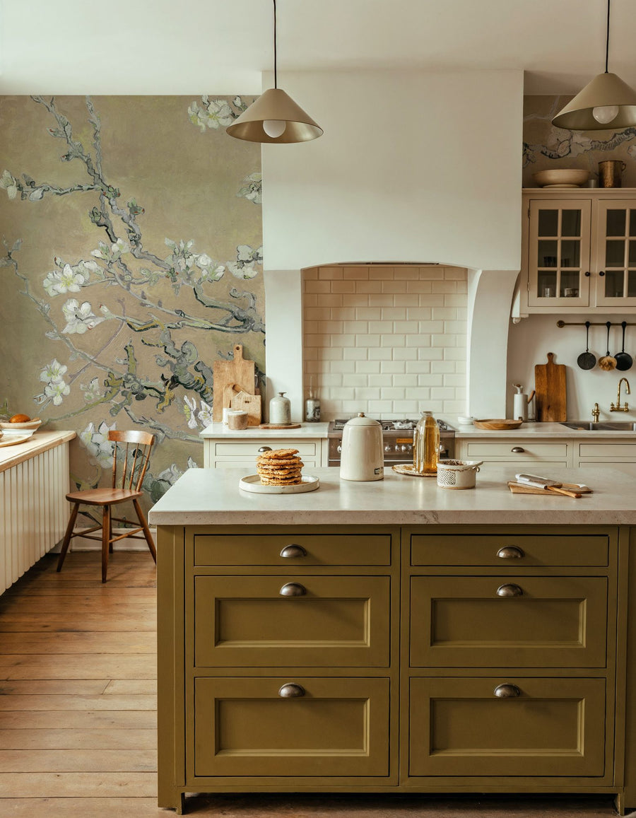 Chinoiserie Wallpaper Mural – Chinese Style Wall Mural – Almond Blossom, Warm Sand