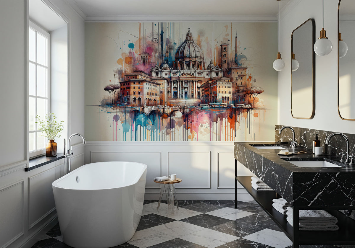 Watercolor Rome Skyline Mural Wallpaper - room preview 02