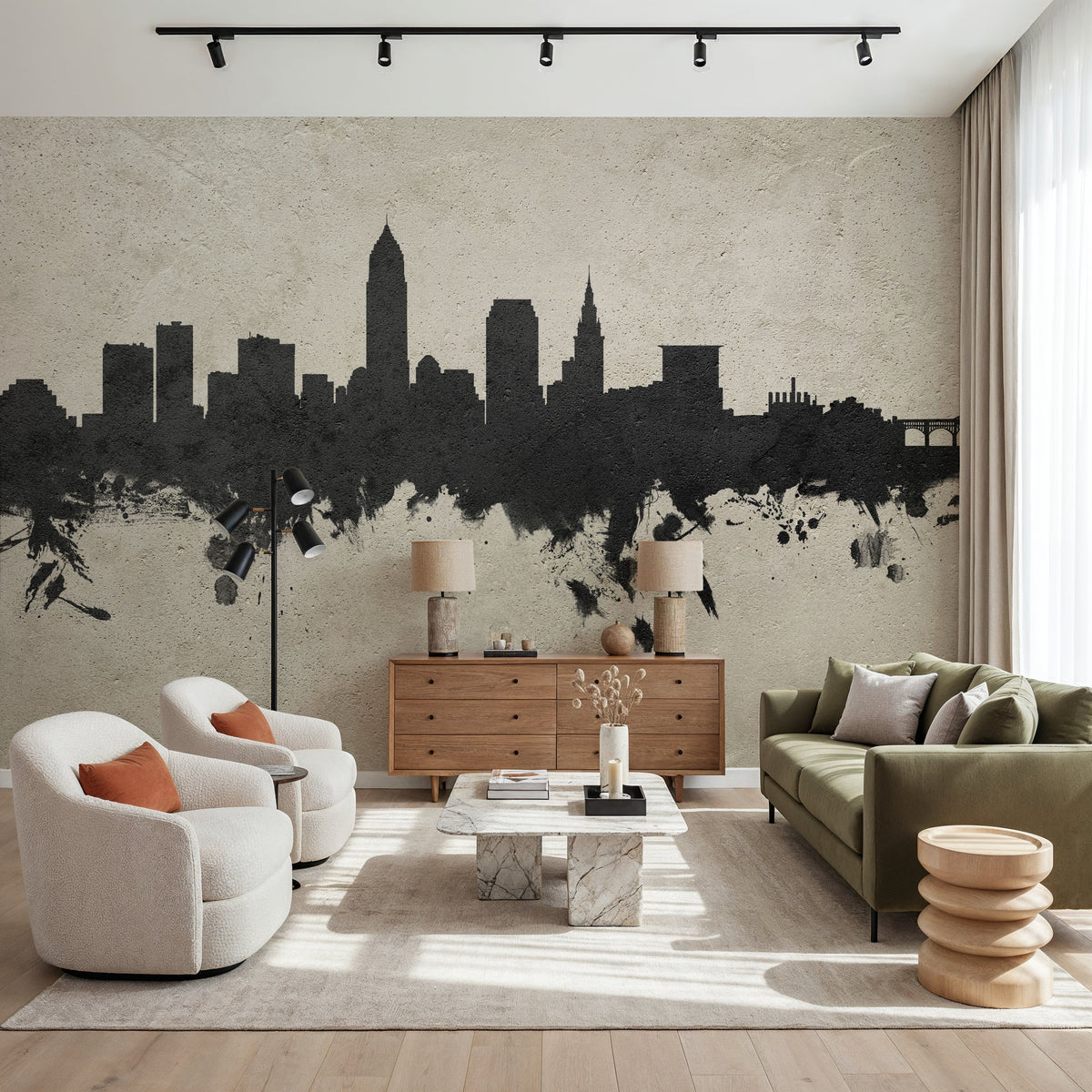 Cleveland Ohio Skyline Concrete Mural Wallpaper - room preview 02