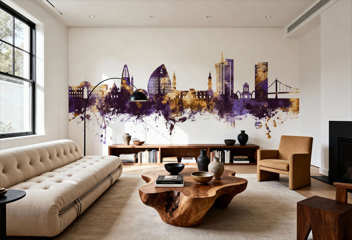 Khartoum Sudan Skyline Purple & Gold Mural Wallpaper - room preview 02
