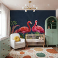 Shy Flamingos Blue Mural Wallpaper - room preview 02
