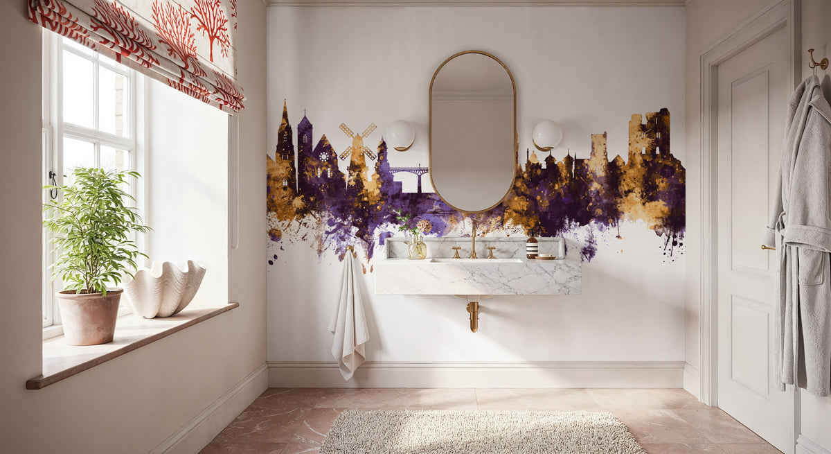 Scarborough England Skyline Purple & Gold Mural Wallpaper - room preview 02