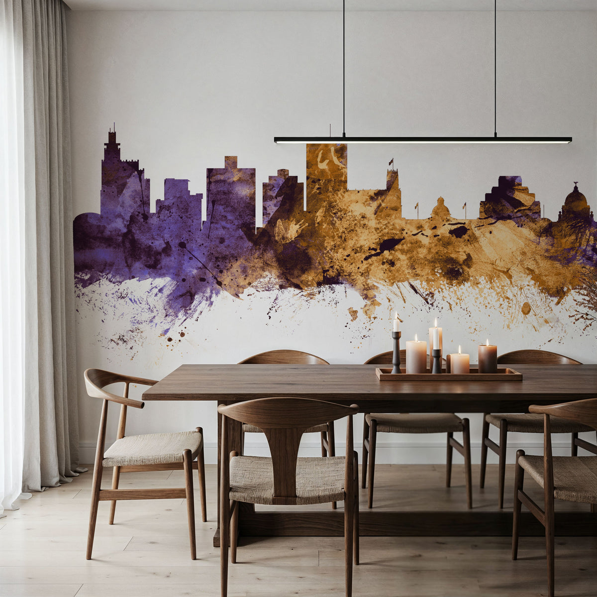 Jackson Mississippi Skyline Purple & Gold Mural Wallpaper - room preview 02