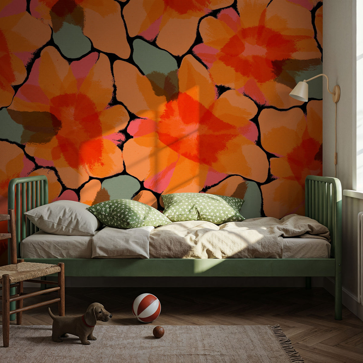 Orange Big Flowers Mural Wallpaper - room preview 02