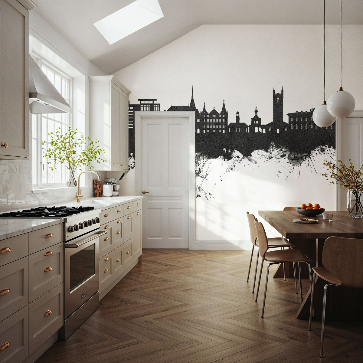 Vevey Switzerland Skyline Black & White Mural Wallpaper - room preview 02