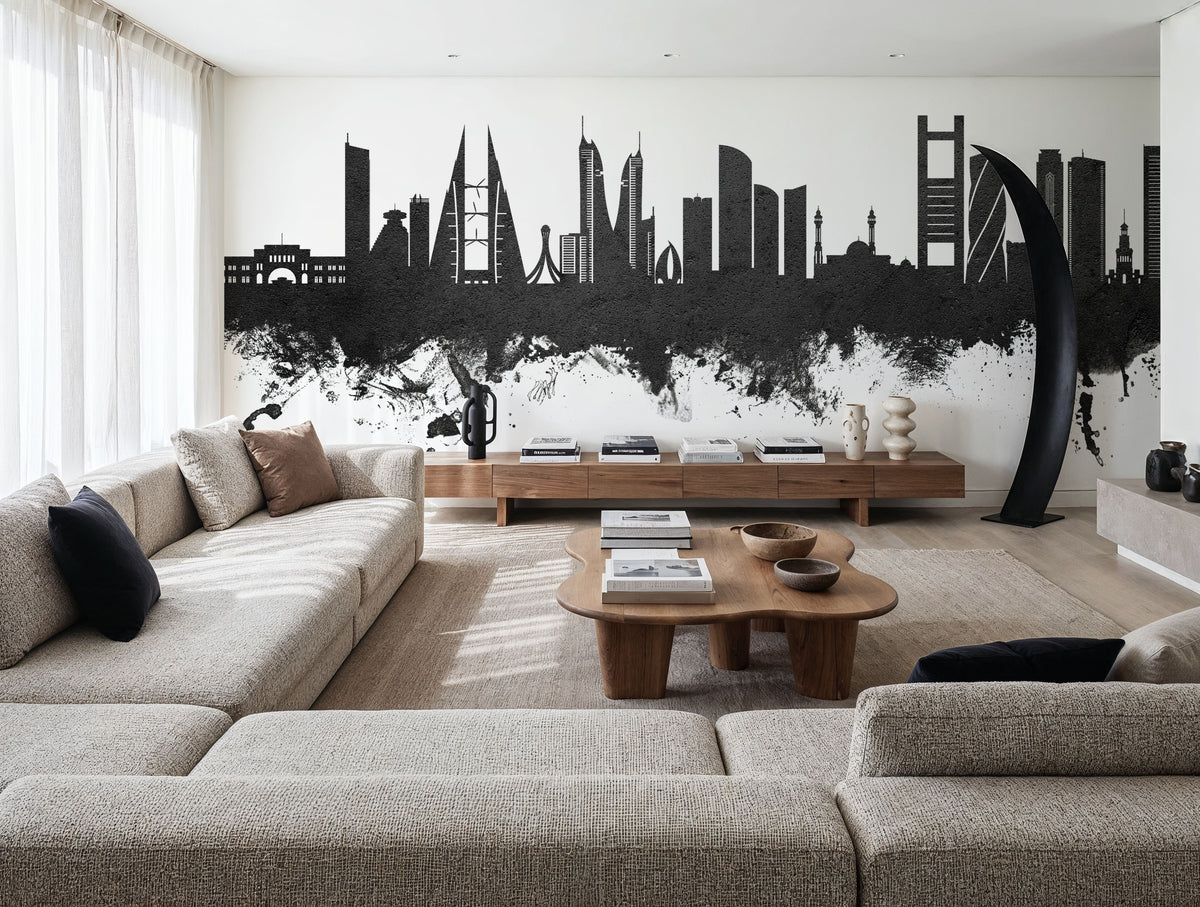 Manama Skyline Black & White Mural Wallpaper - room preview 02