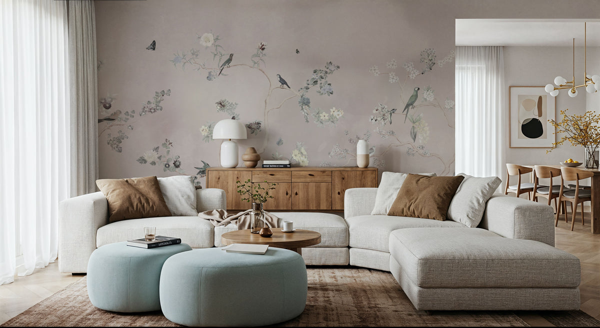 Birds in the Garden Light Gray Mural Wallpaper - room preview 02