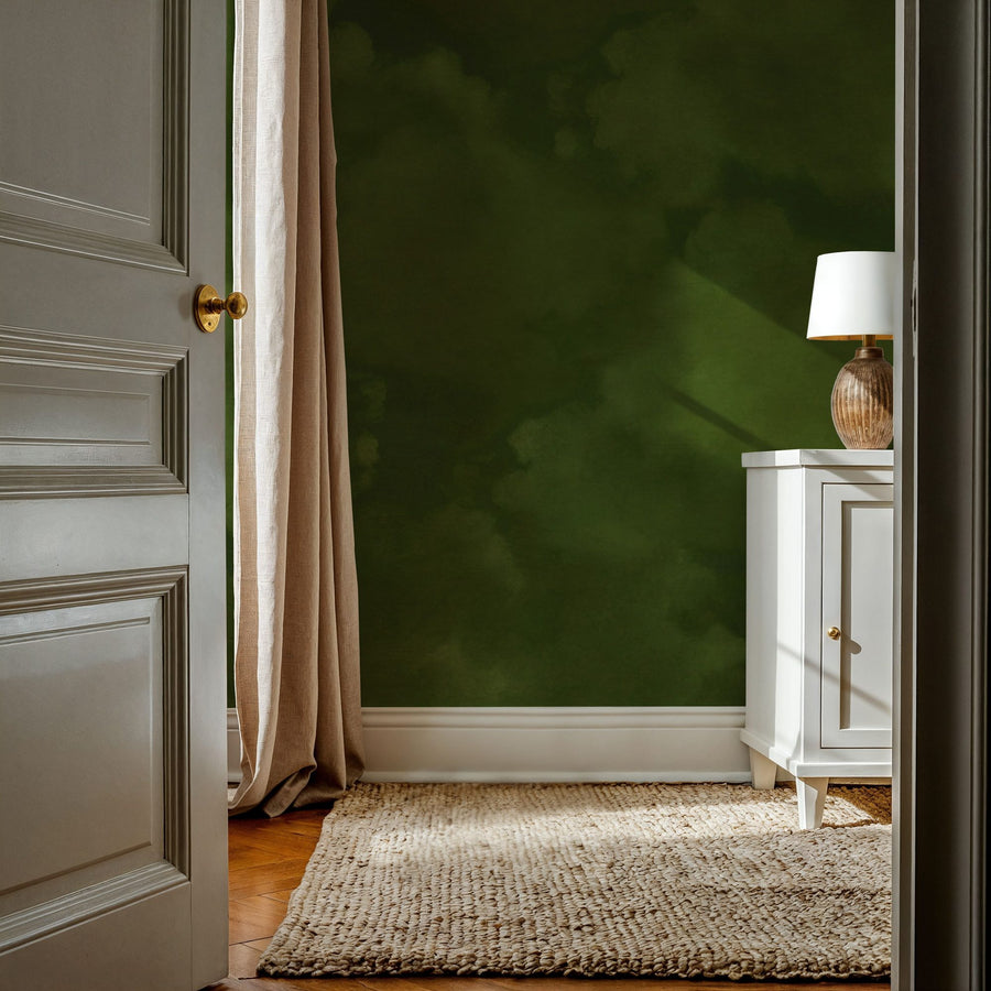 Cloud Wallpaper Mural – Sky Wall Mural – Painted Dreamy Clouds, Dill Green