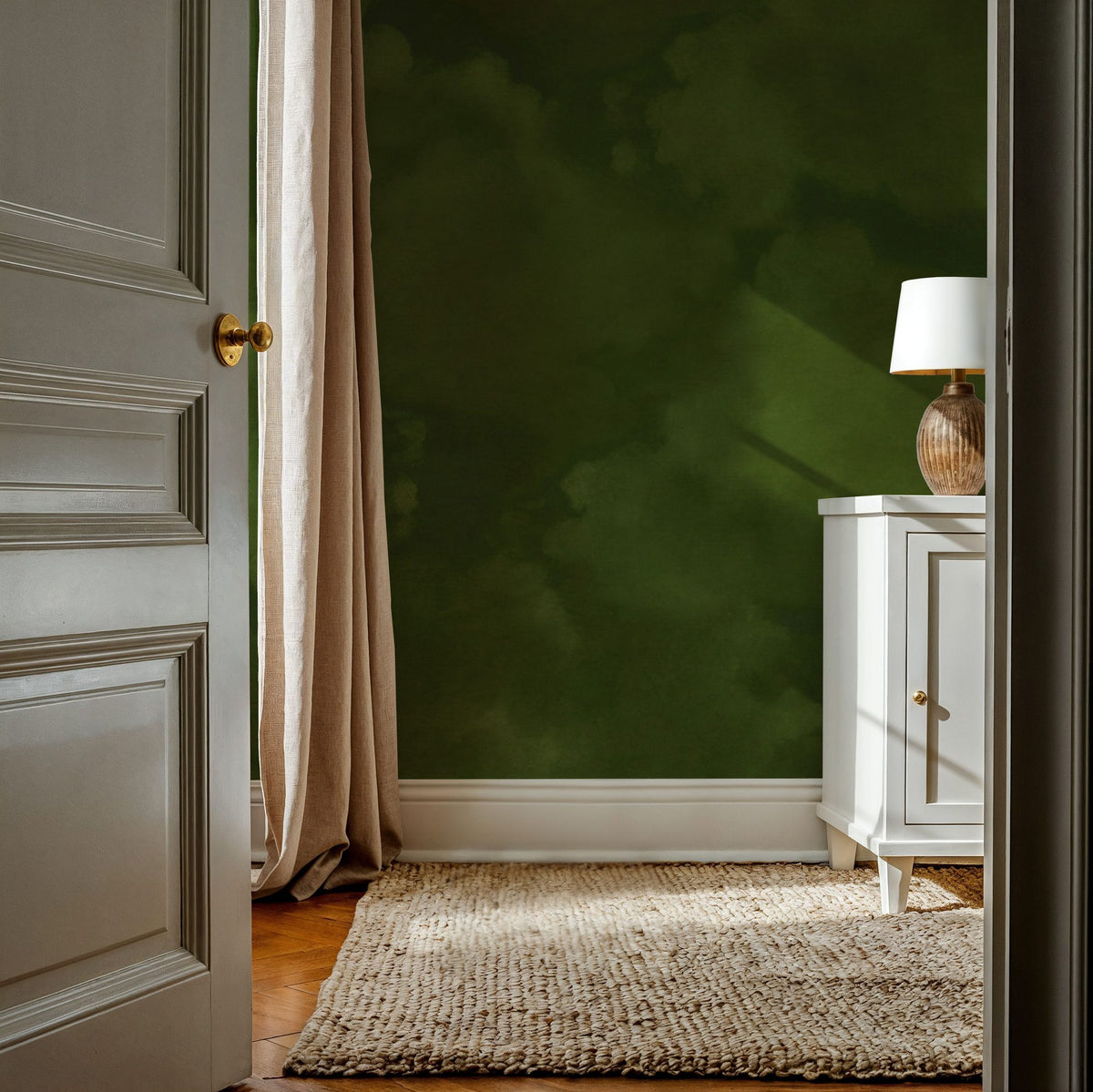 Painted Dreamy Clouds, Dill Green Mural Wallpaper - room preview 02