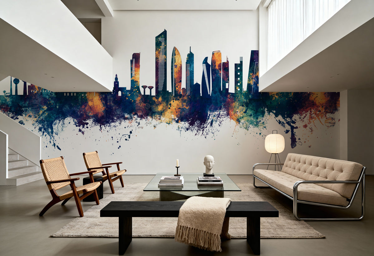 Kuwait City Skyline Blue & Bronze Mural Wallpaper - room preview 02