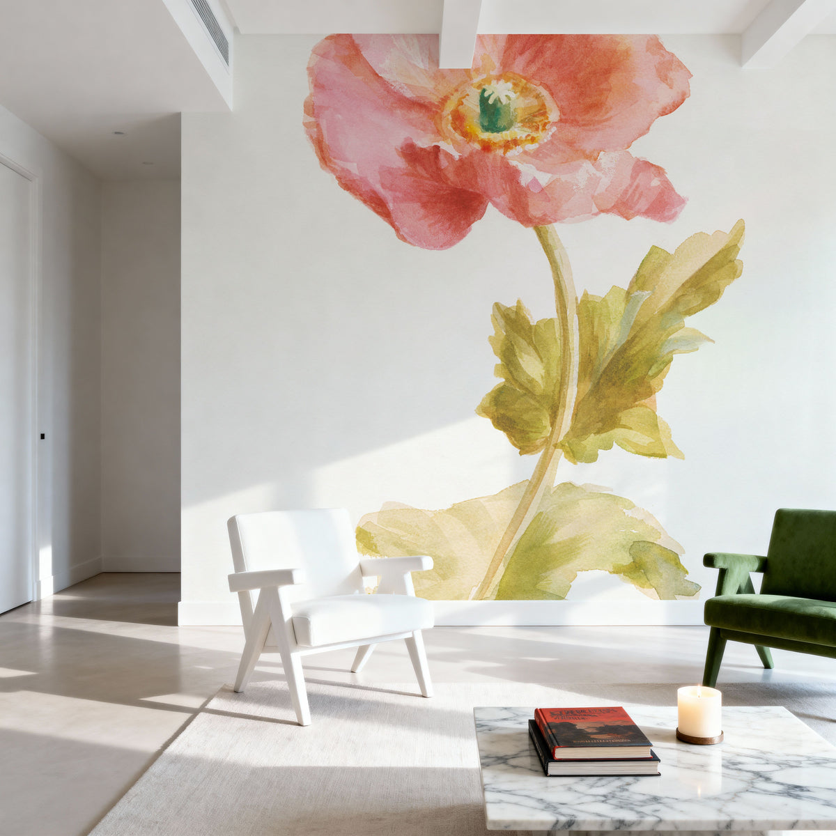 Garden Poppy on White Mural Wallpaper - room preview 02