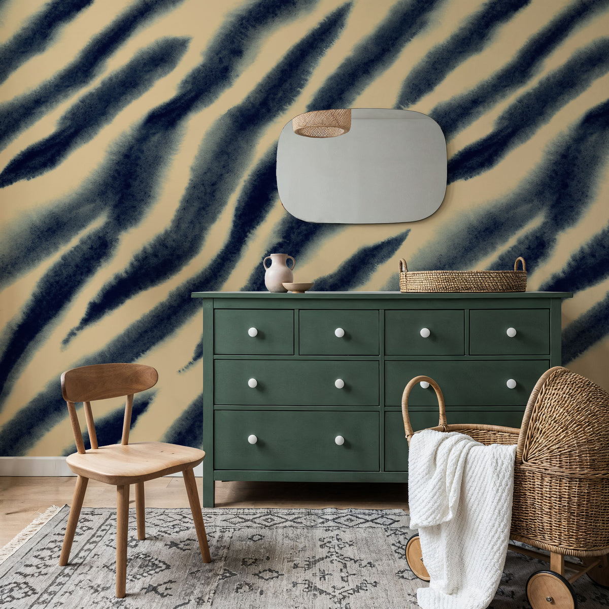 Watercolor Tiger Stripes, Blue on Beige Mural Wallpaper - room preview 02