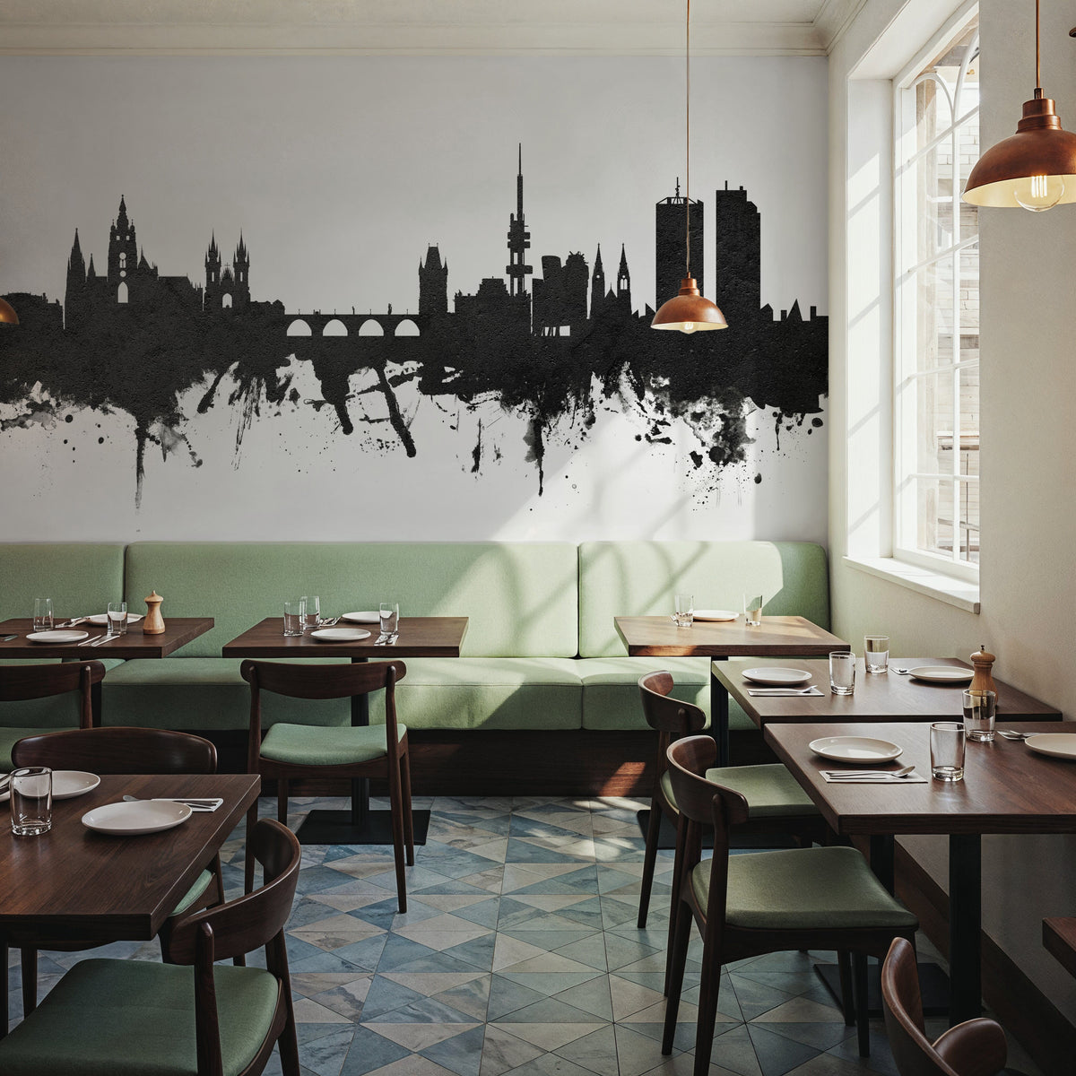 Prague (Praha) Czech Republic Skyline Black & White Mural Wallpaper - room preview 02