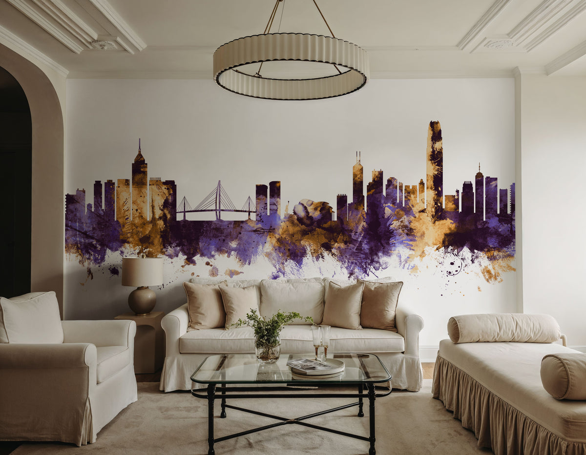 Hong Kong Skyline Purple & Gold Mural Wallpaper - room preview 02