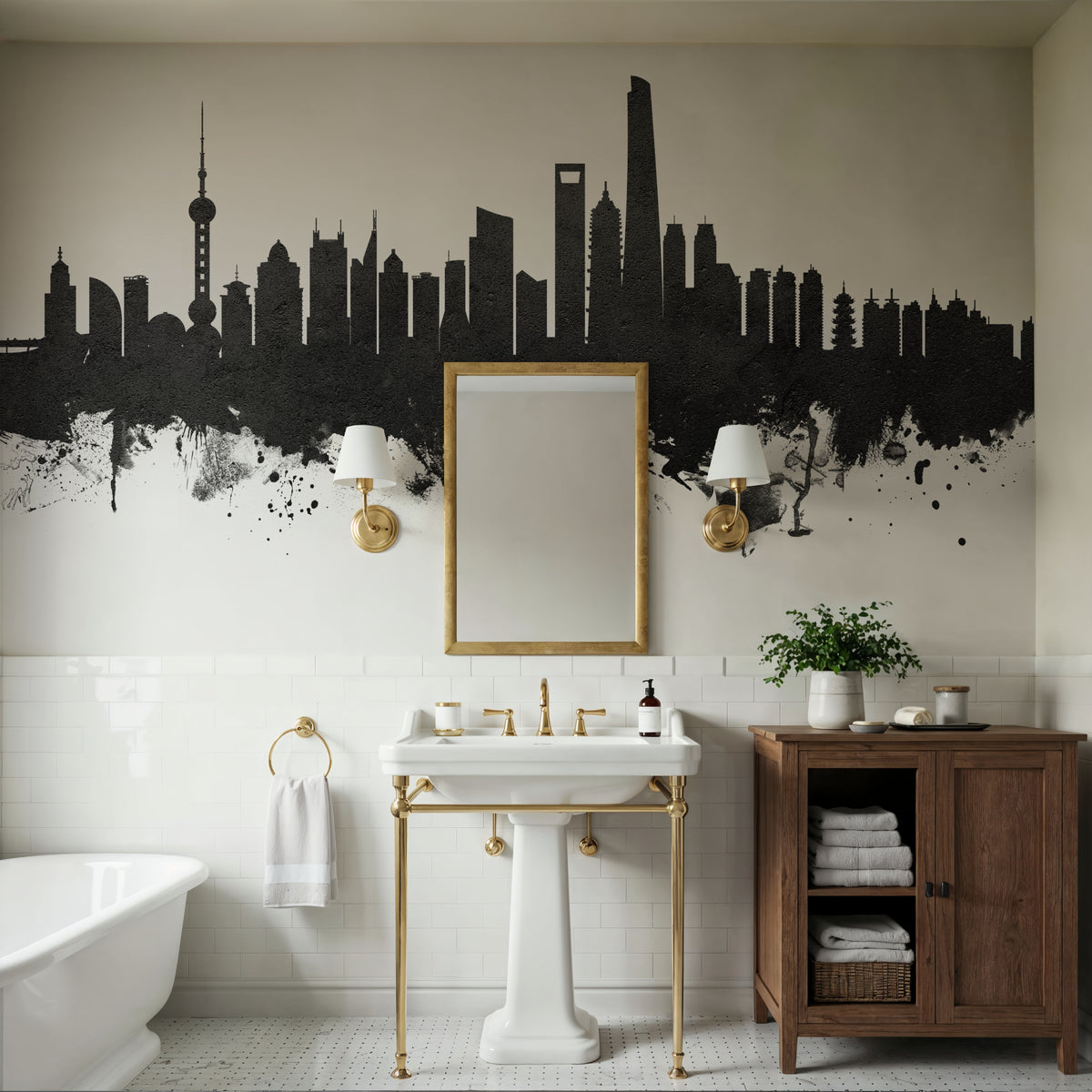Shanghai China Skyline Black & White Mural Wallpaper - room preview 02