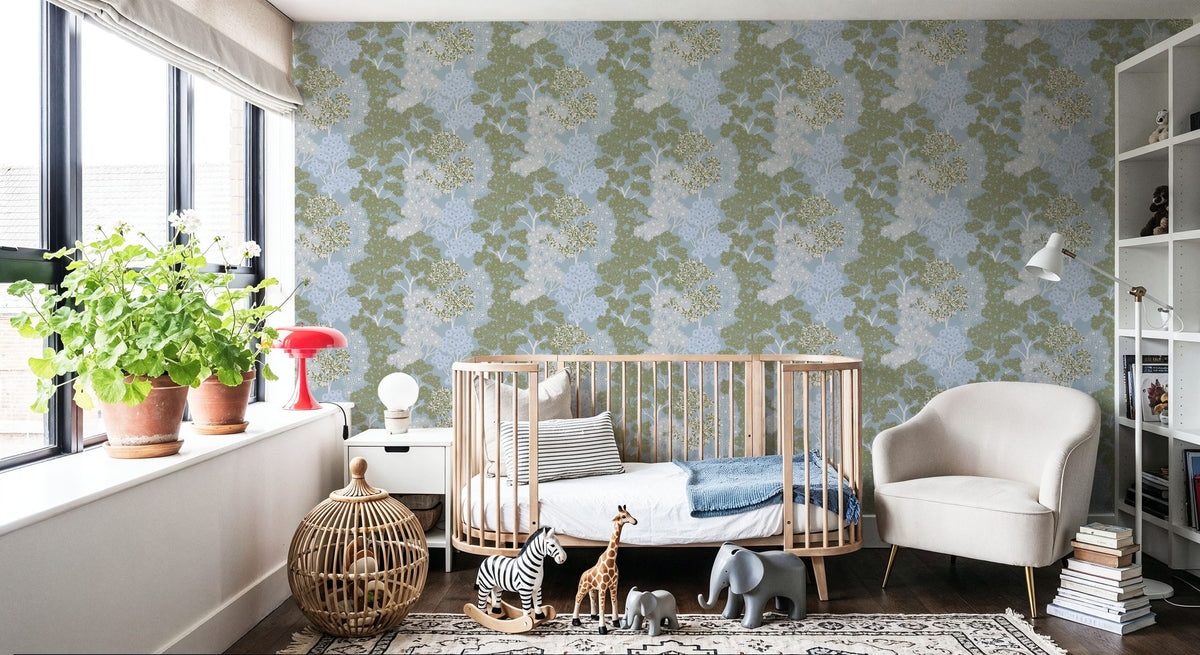 Overleaf Woodland Pattern, French Blue Mural Wallpaper - room preview 02