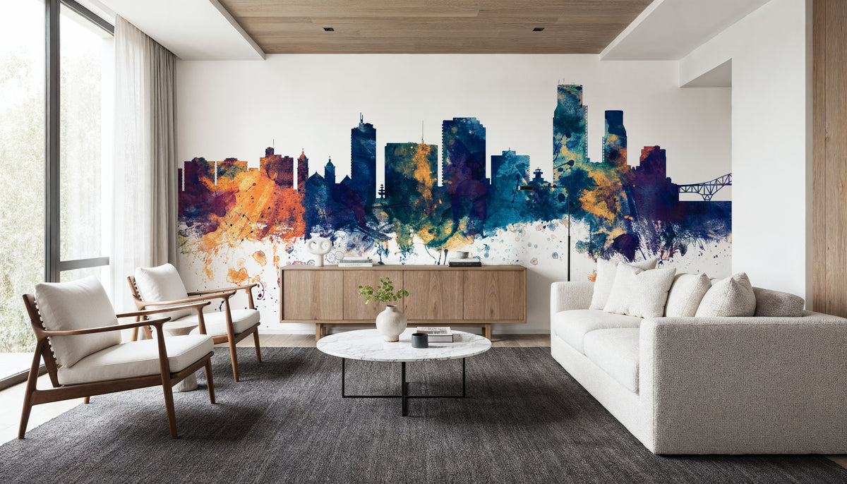 Corpus Christi Texas Skyline Blue & Bronze Mural Wallpaper - room preview 02