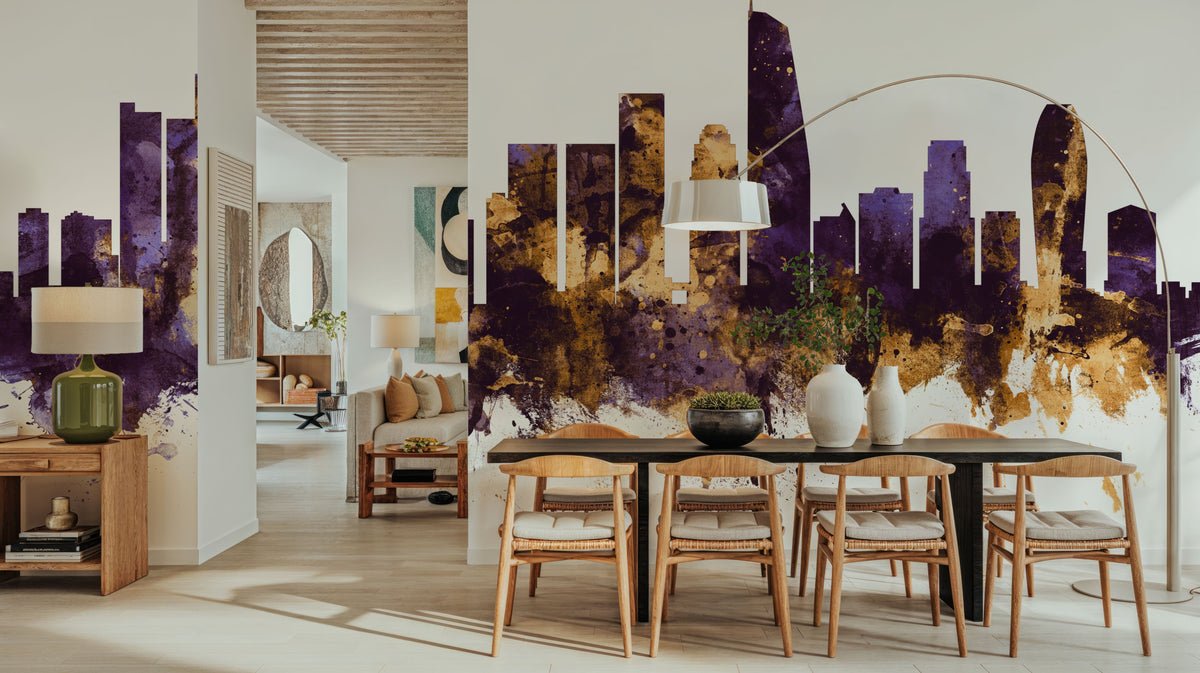 Los Angeles Skyline Purple & Gold Mural Wallpaper - room preview 02