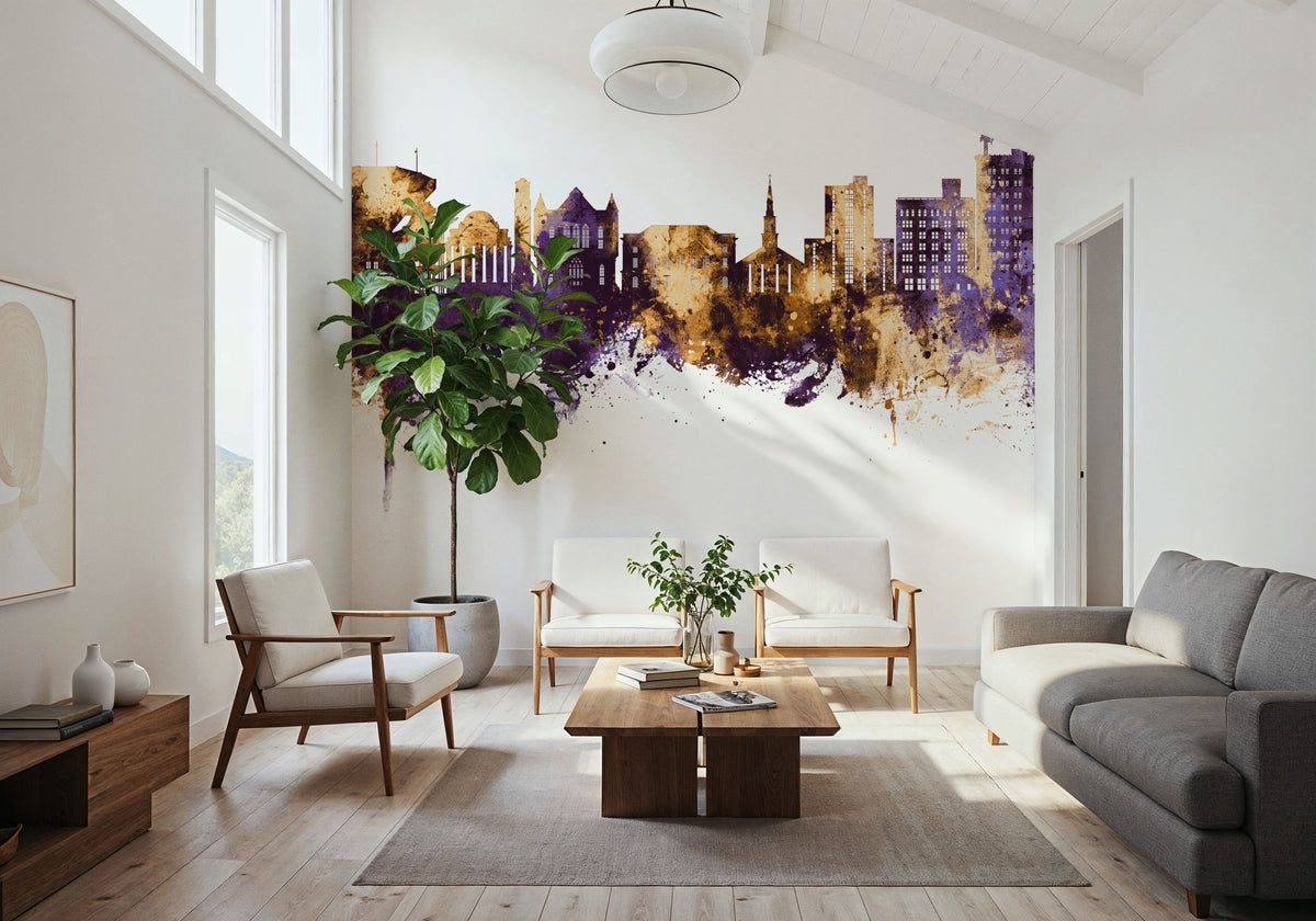 Tuscaloosa Alabama Skyline Purple & Gold Mural Wallpaper - room preview 02