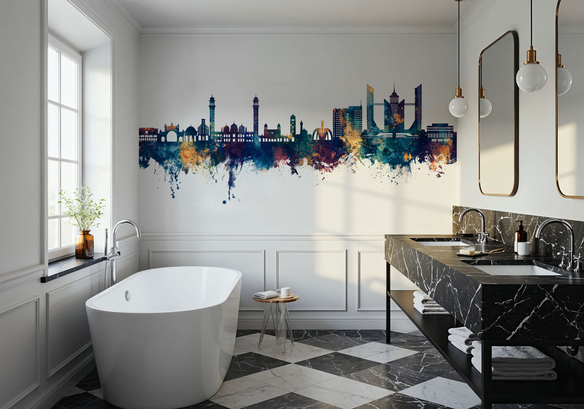 Faislabad Pakistan Skyline Blue & Bronze Mural Wallpaper - room preview 02