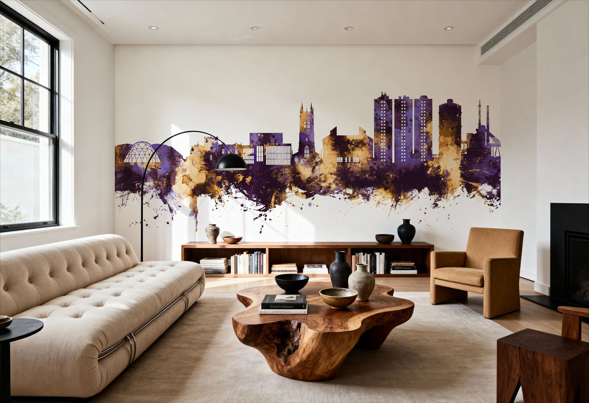 Scunthorpe England Skyline Purple & Gold Mural Wallpaper - room preview 02
