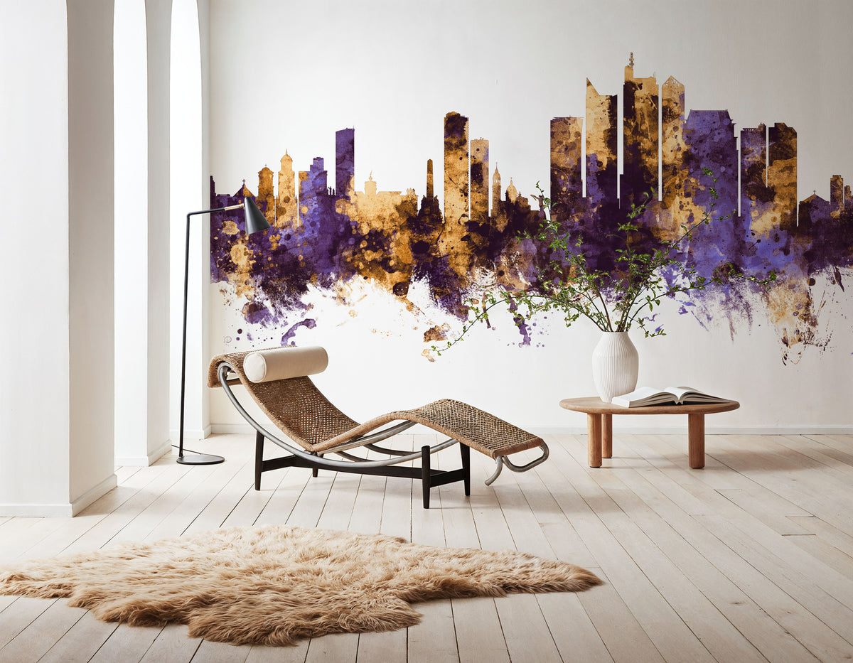 Manila Philippines Skyline Purple & Gold Mural Wallpaper - room preview 02