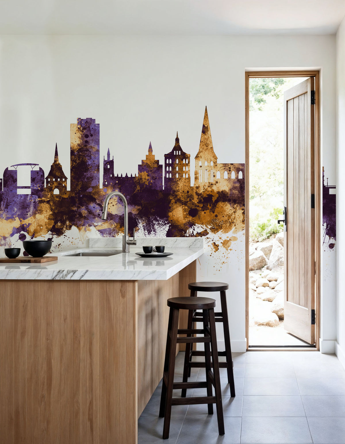 Rostock Germnay Skyline Purple & Gold Mural Wallpaper - room preview 02