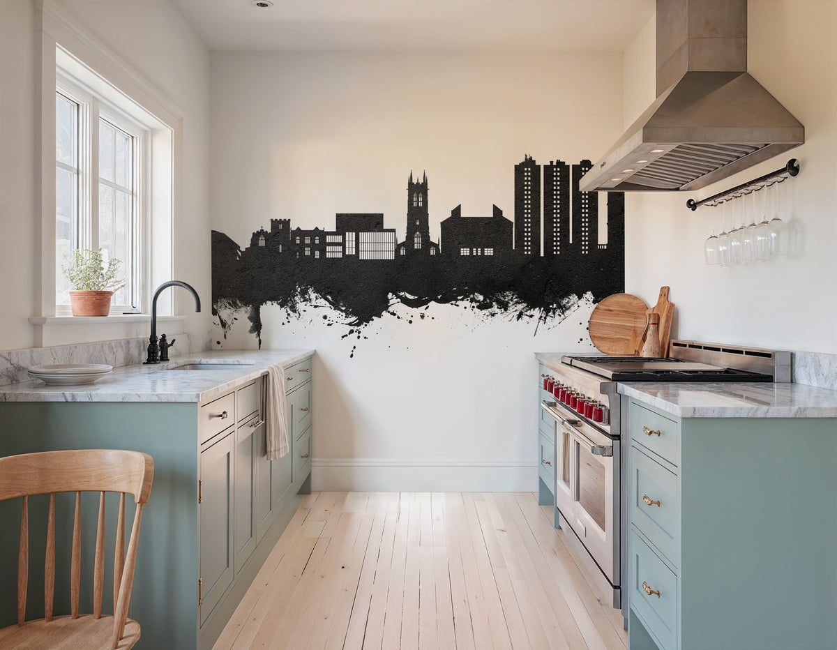 Scunthorpe England Skyline Black & White Mural Wallpaper - room preview 02