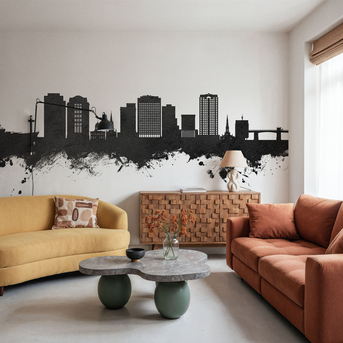 Norfolk Virginia Skyline Black & White Mural Wallpaper - room preview 02