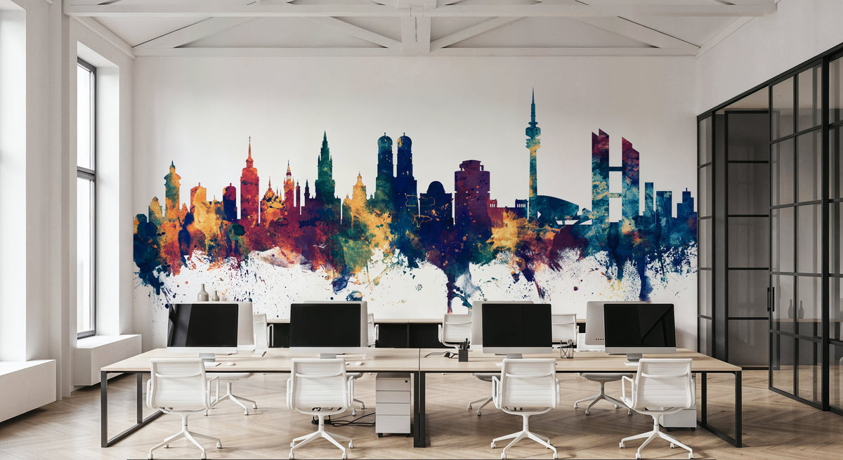 Munich Skyline Blue & Bronze Mural Wallpaper - room preview 02