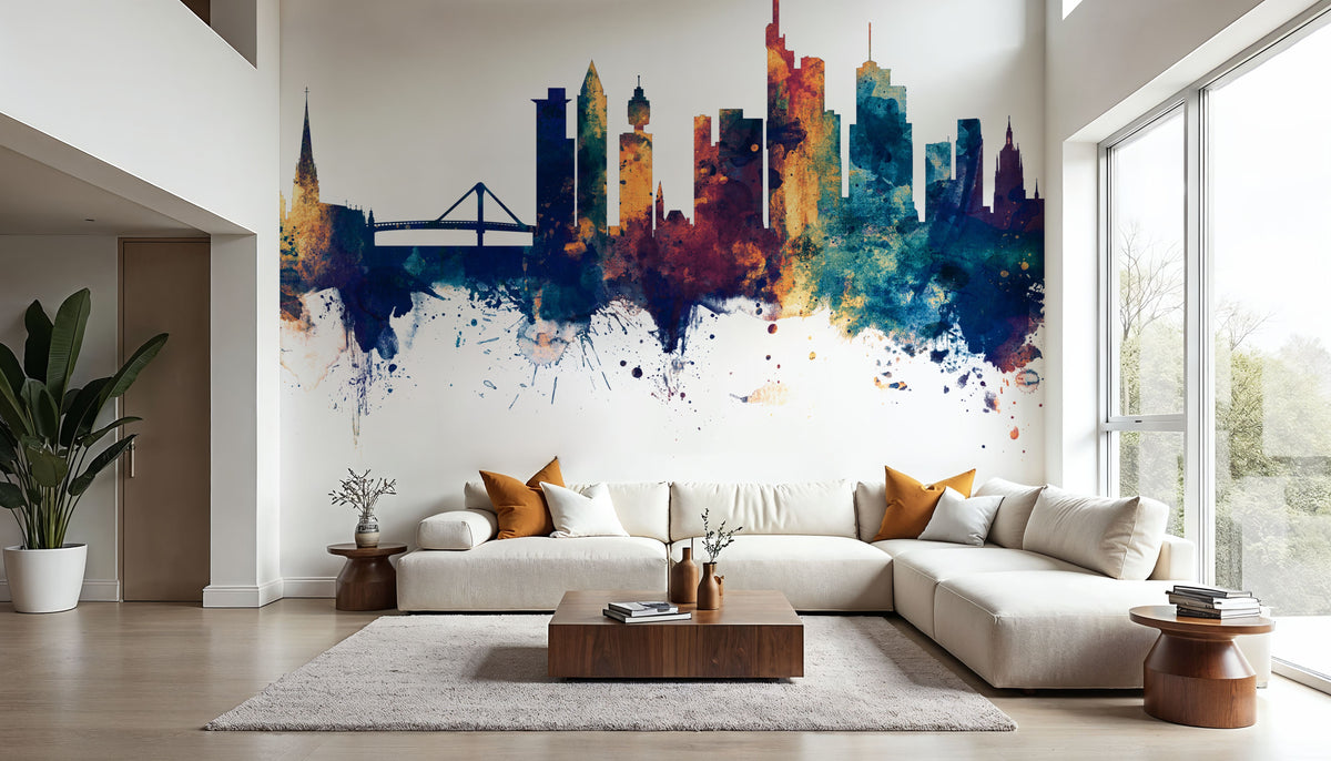 Frankfurt Skyline Blue & Bronze Mural Wallpaper - room preview 02