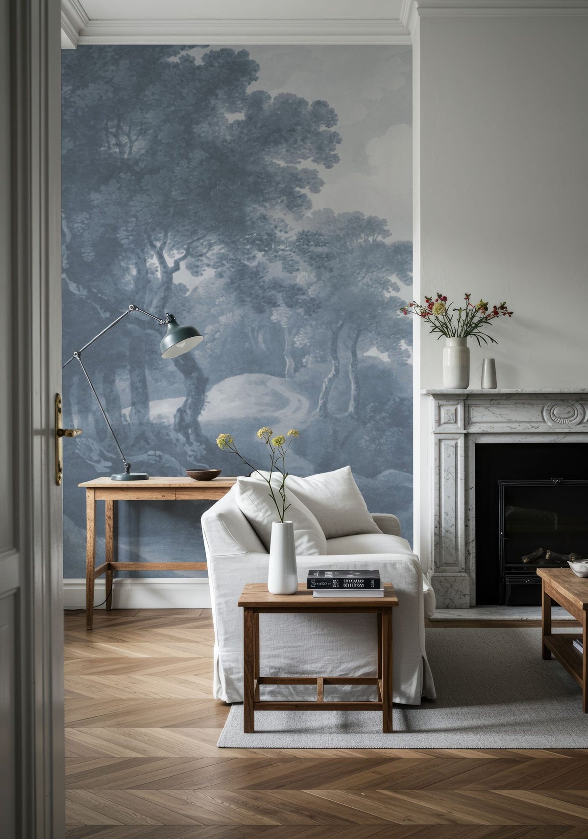 Historic Lands, Washed Blue Mural Wallpaper - room preview 02