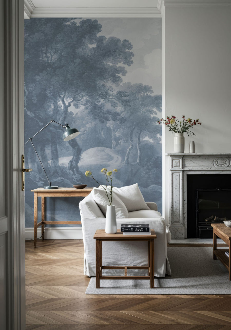 Forest Wallpaper Mural – Woodland Wall Mural – Historic Lands, Washed Blue