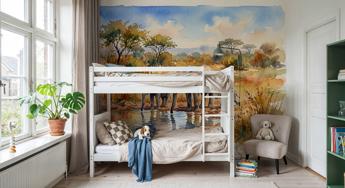 Elephants by the Water Hole - Watercolor Landscapes Series Mural Wallpaper - room preview 02