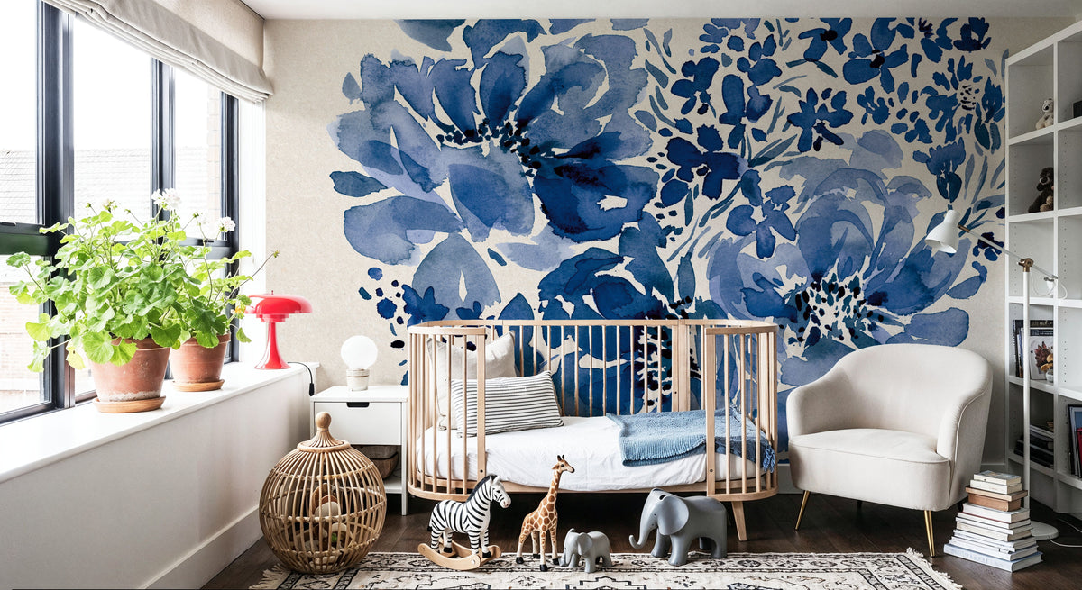 Blue Floral Heart Mural Wallpaper - room preview 02
